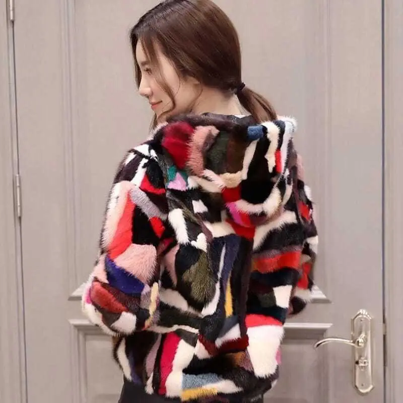 100% Genuine real natural mink fur coat hooded collar women's fashion multi-color colorful winter jacket