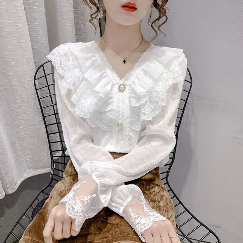 Spring Summer New Lace Patchwork Shirt Tops Long Sleeve V Neck Solid Color All-match Sweet Blouse Elegant Fashion Women Clothing