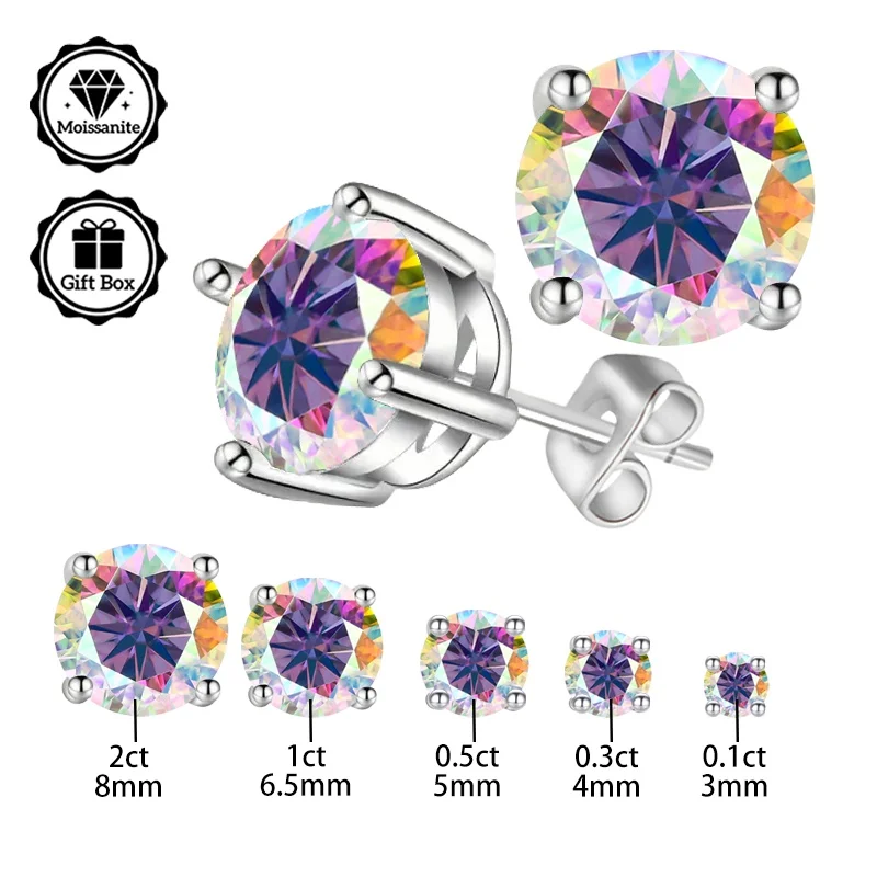 LAMVOICE Schmuck für Damen/Ohrstecker mit 0,2–4 Karat Regenbogen-Moissanit, hypoallergene Ohrringe, Weihnachtsgeschenk für Damen
