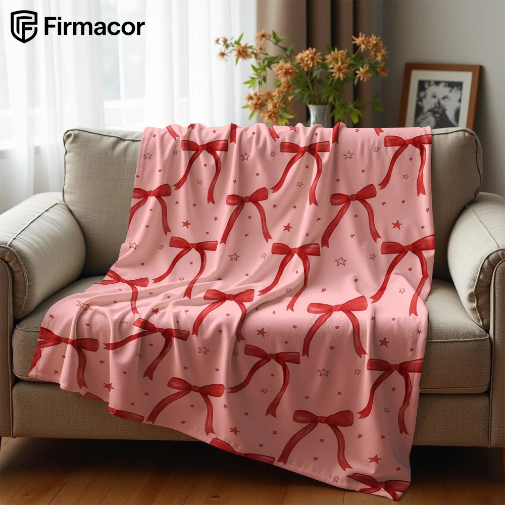 Blush Background Red Bow Cartoon Anime Print Flannel Blanket Soft Warm Throw for Kids Bedroom Sofa Bed Christmas Office Car