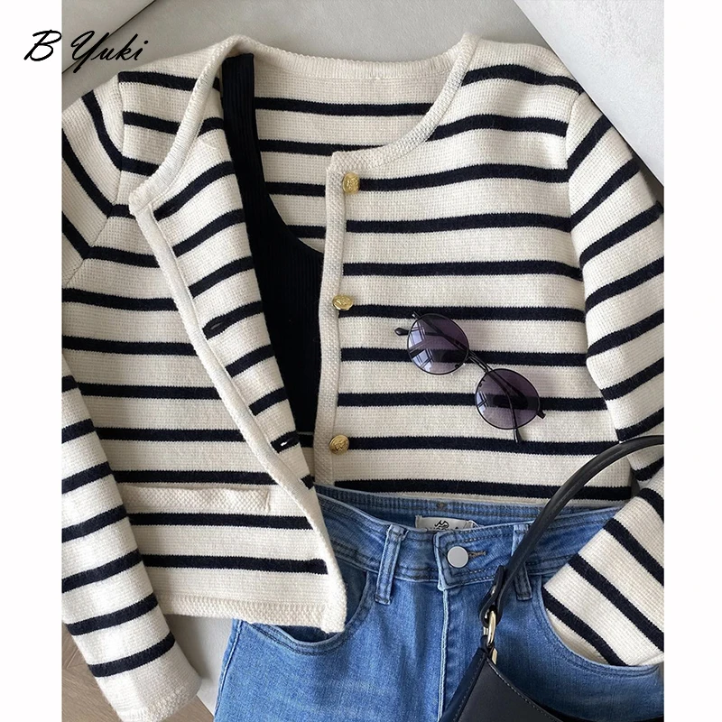 Blessyuki Vintage Stripe Knitted Cardigan Sweater Women 2023 Autumn New Loose O-Neck Single-breasted Cropped Cardigan Female Top