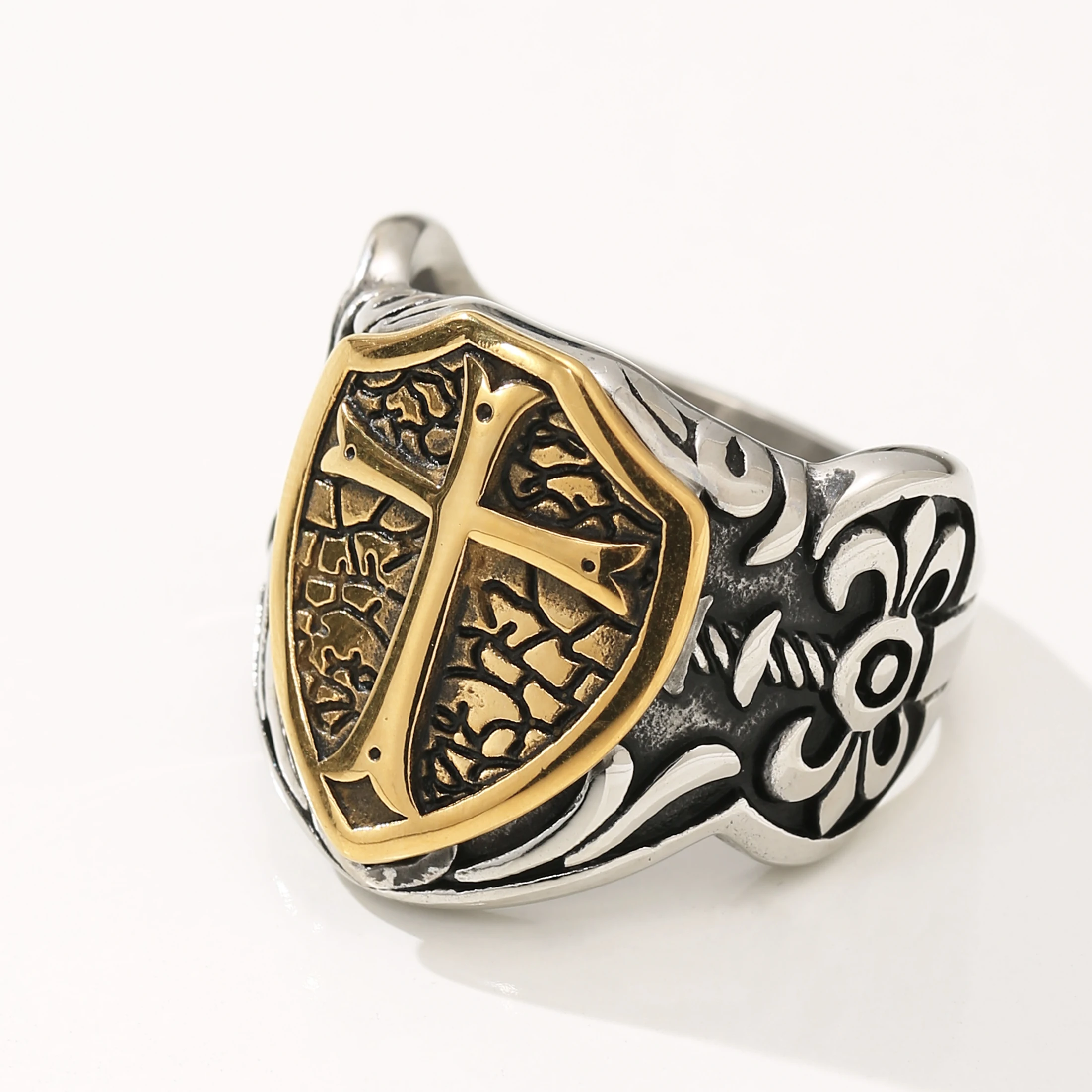 LNCHRAN Men 316L Stainless Steel Two-Tone Plated Cross Shield Signet Ring Medieval Gothic Jewelry Gift For Men - view 4