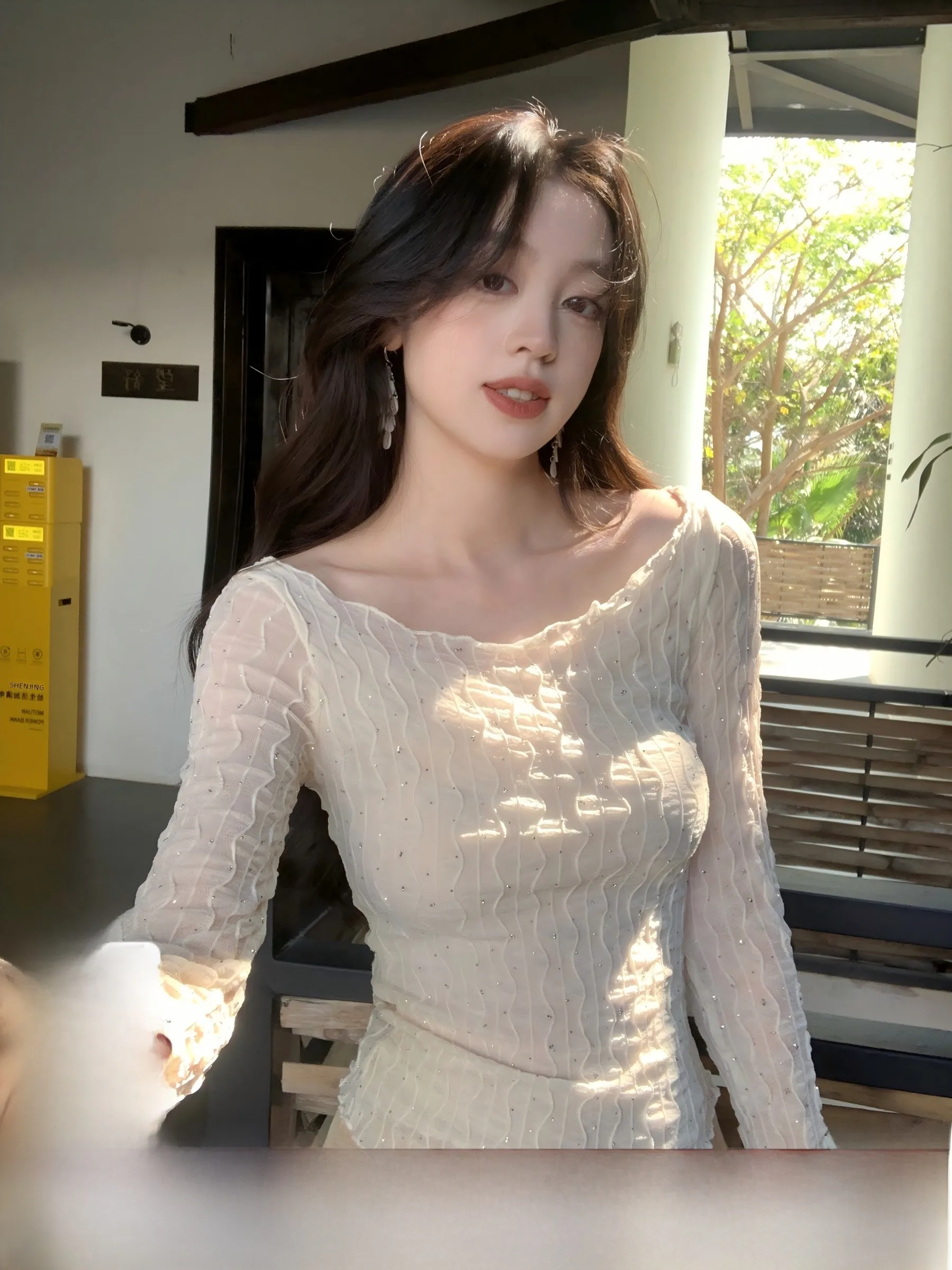 

Retro Texture Wood ain Slim Fit Long Sve T-irt Women's Top High-End Feelings Breathable Comfortable Skin-Friendly