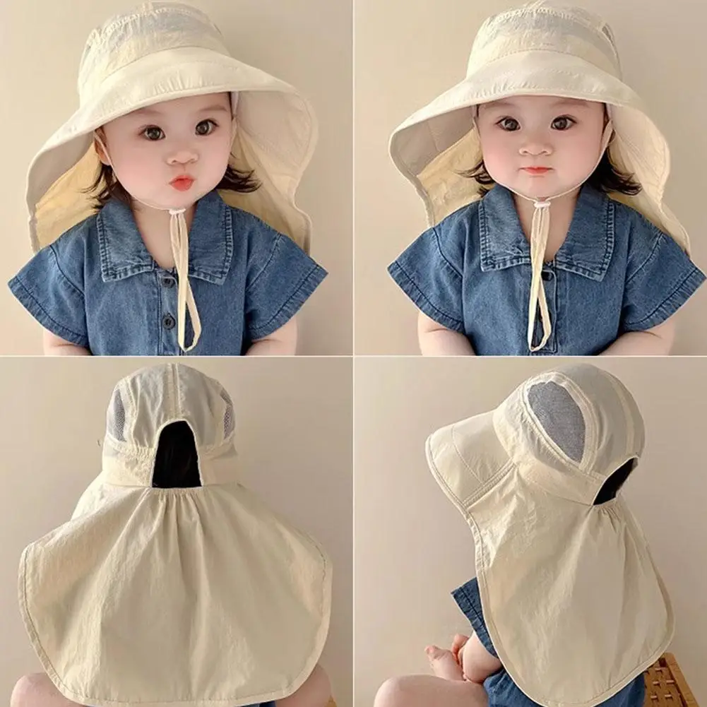 Summer Kids Sun Hat Breathable Mesh Quick Dry Toddler Fisherman Caps Solid Color Large Brim Neck Protection Bucket Outdoor Hats