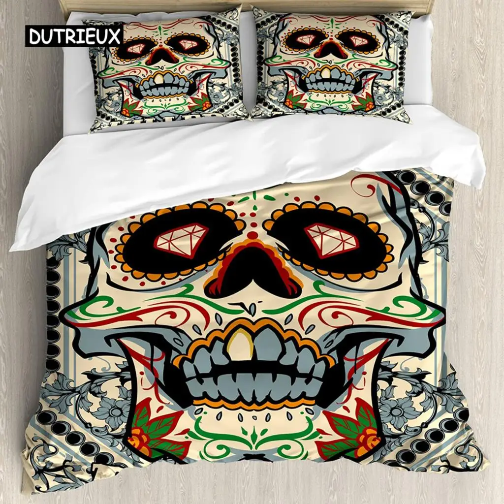 Sugar Skull Duvet Cover Set,Sugar Killer Calaveras Framework Day of The Dead Vintage Gothic Design Print,Skull Bedding Set