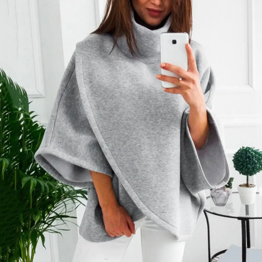 Cotton High Neck Slit Warm Hoodie Top Fashion Women Batwing Crossed Poncho Winter Warm Coat Cloak Cape casual loose Sweatshirts