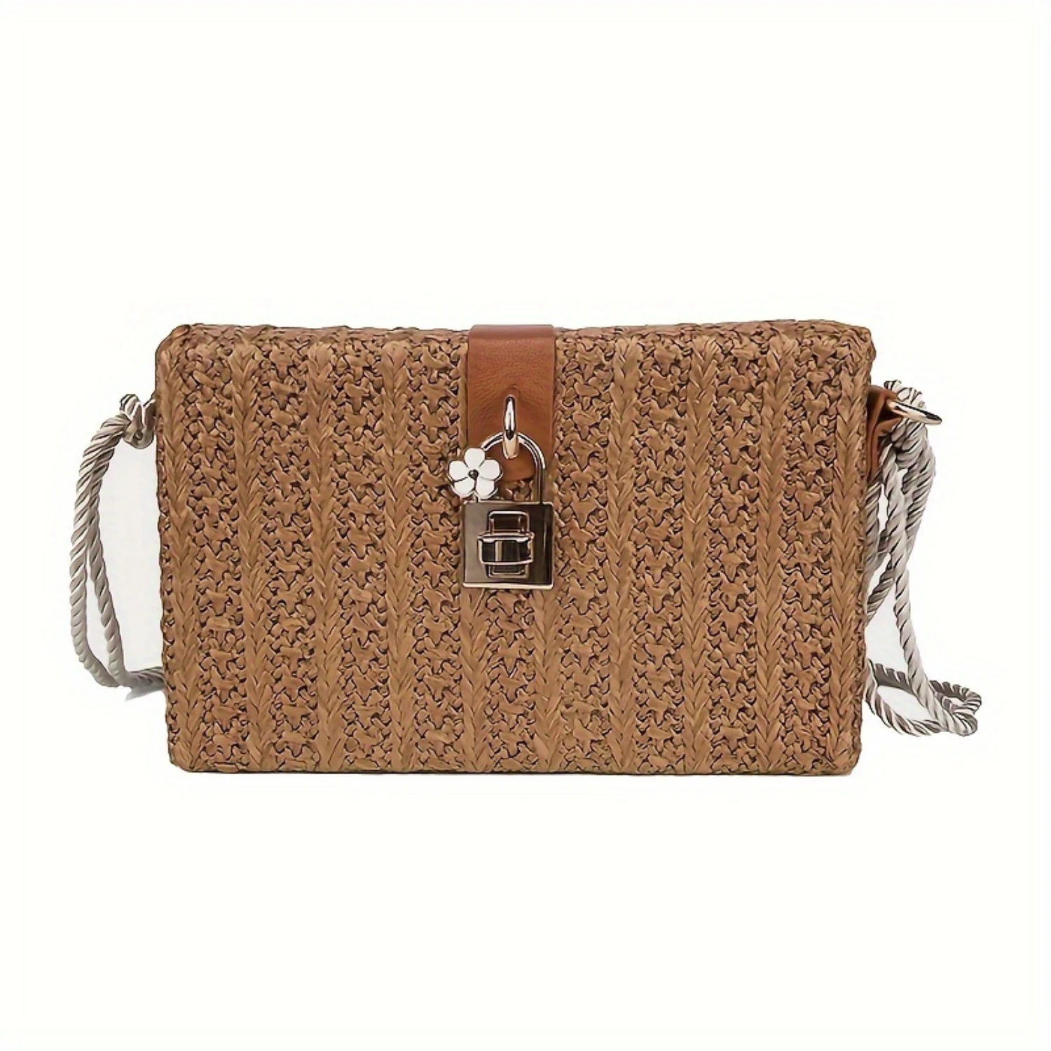 Woven Fabric Crossbody Bag Square Lock Decor Beach Purse