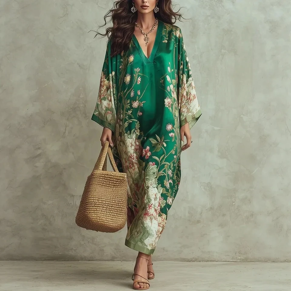 

2026 Spring New V Neck Print Long Sleeve Loose Draping Long Dress Women Elegant Temperament A Line Dress