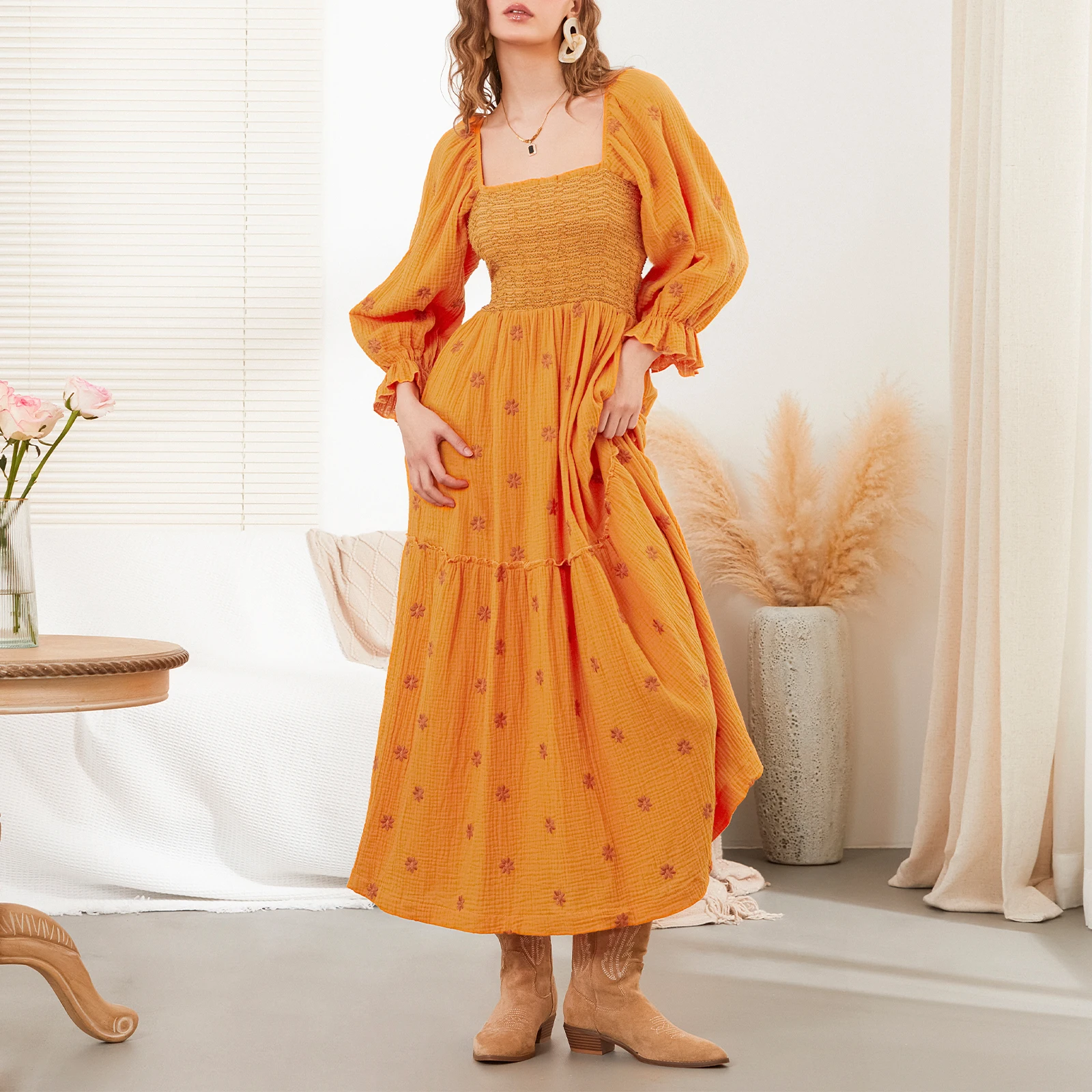 

Women Floral Embroidered Maxi Dress Square Neck Boho Flowy Dress Puff Sleeve Smocked Flowy A-line Dress