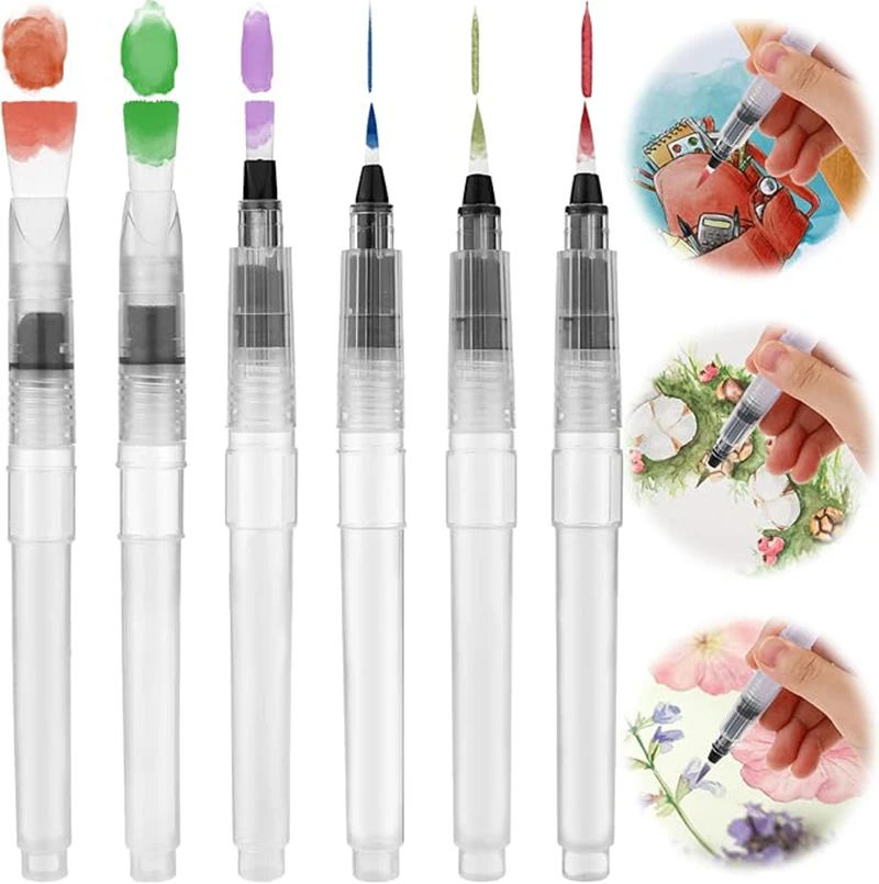 

6PCS Watercolor Brush Pens - Refillable Water Paint Brush, Soft Waterbrush for Painting, Water Soluble Colored Pencil