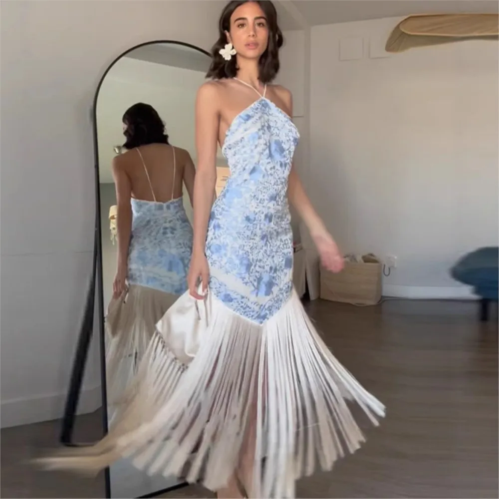 

Sexy Halter Sleeveless Women's Backless Dresses Summer Fashion Color-blocked Tassel Slimming Elegant Female Evening Dress 2025