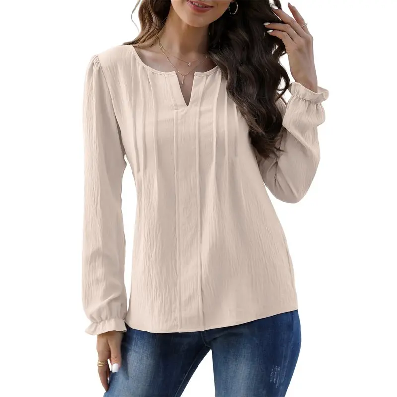 قمصان CYL-Womens Tops Dressy كاجوال بأكمام طويلة ورقبة على شكل V بلوزات شيفون ملابس الخريف للنساء #4