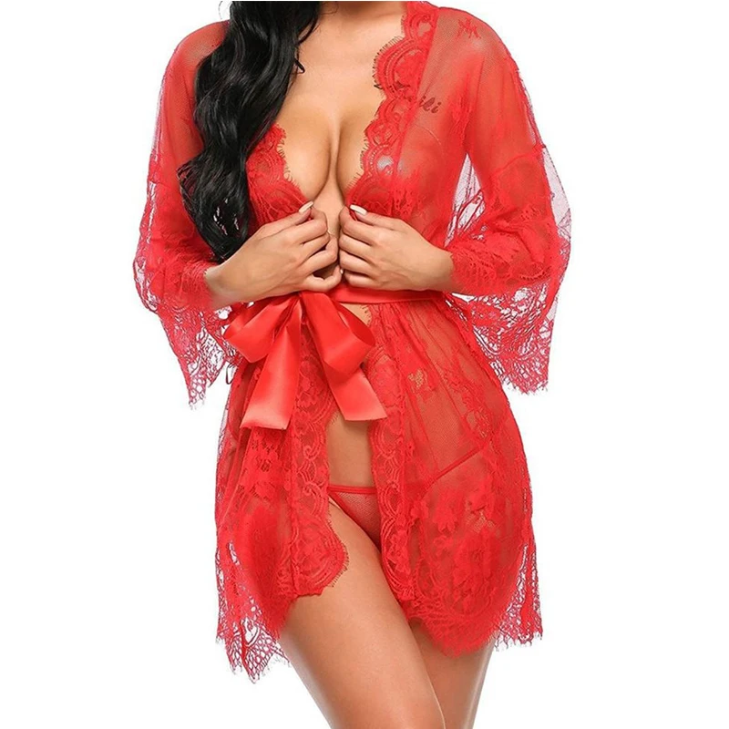 Women\'s Lace Kimono Robe Babydoll Lingerie Mesh Nightgown Sexy Lingerie Woman Erotic Pajamas