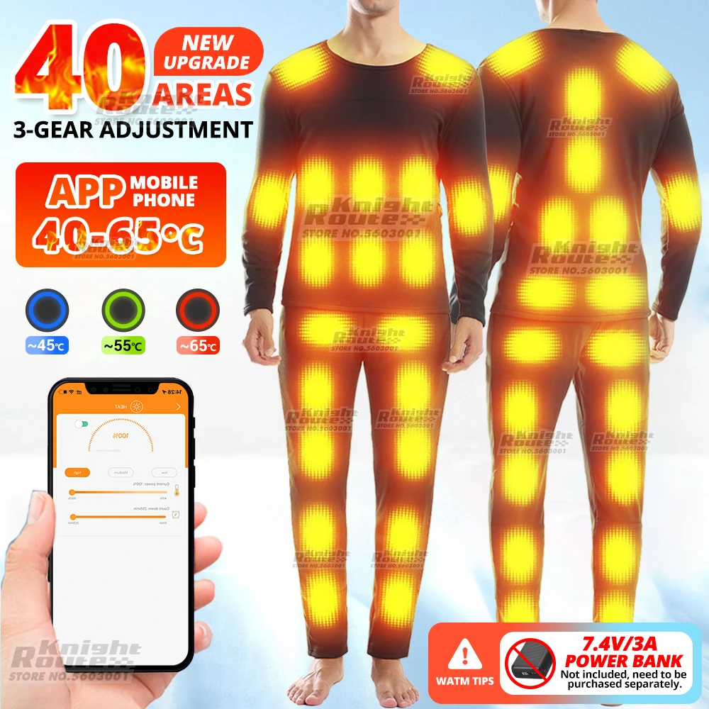 

40Area APP control Graphene Heated Jacket Thermal Underwear Women Men Ski Suit USB Electric Heated Clothing Shirt Winter Fishing