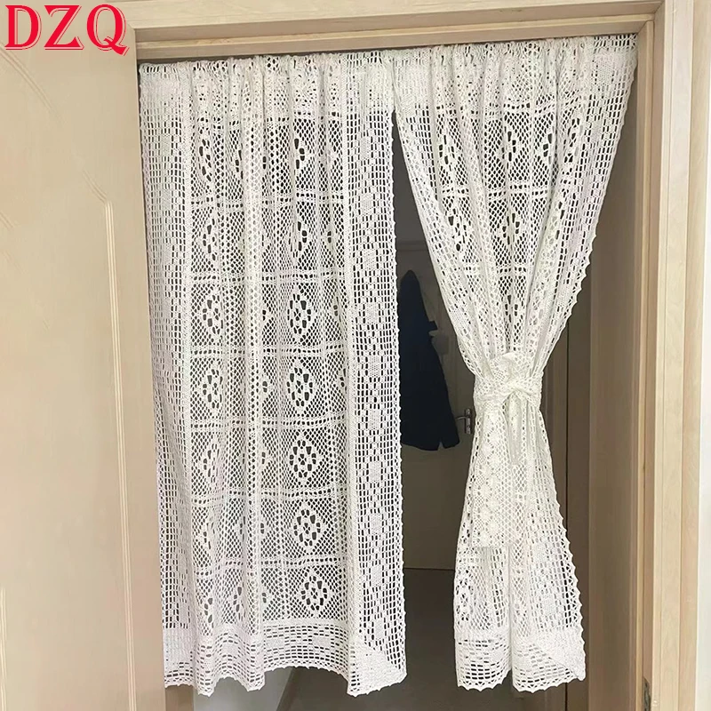 

American Country Crochet Hollow Door Curtains for Roman Window Kitchen Manual White Geometry Rhombus Curtains for Kitchen #A144