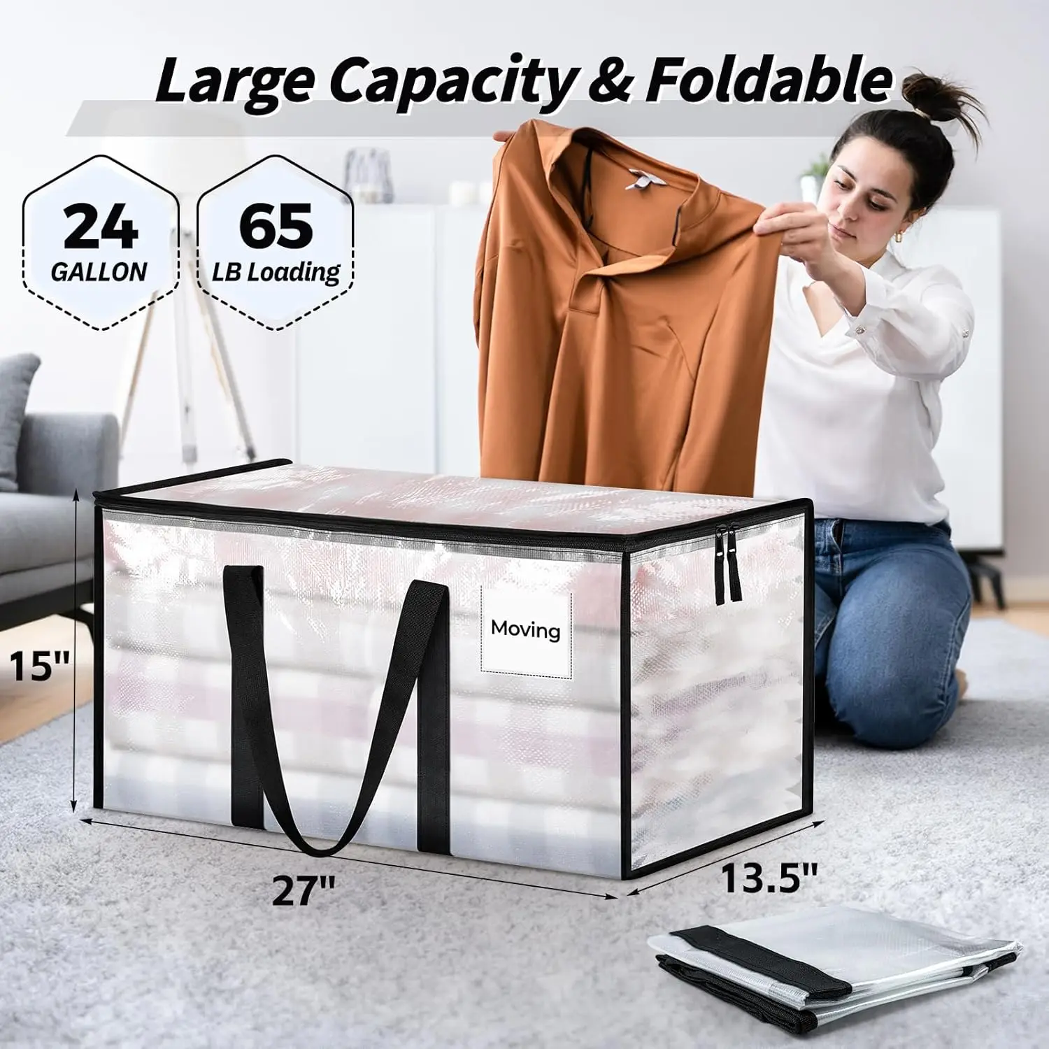 8 Pack Extra Large Moving Bags, Clear Storage Bins with Lids, Heavy Duty Moving Boxes for Clothes Packing, Dorms view 2