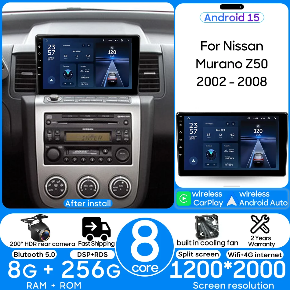 

Android 15 For Nissan Murano Z50 2002 - 2008 Car Multimedia Radio Video Player GPS Navigation Wifi DSP CarPlay Auto 8+256G 2din