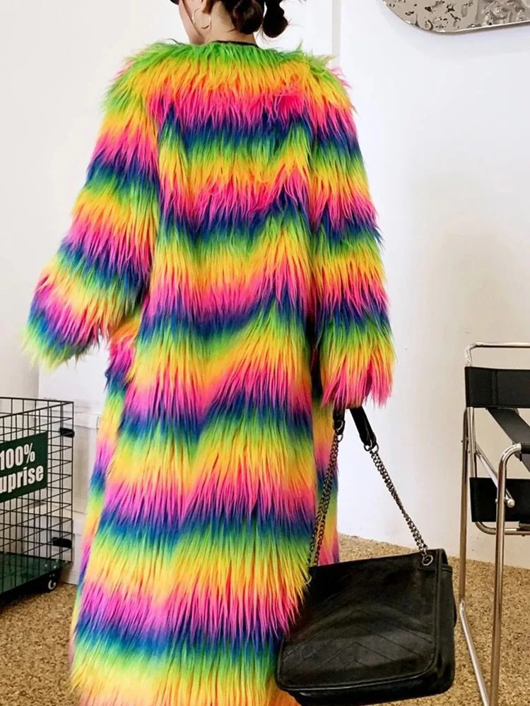 ZADORIN Fashion Fluffy Faux Sheep Fur Coat Women Winter Rainbow Color Faux Fur Jacket for Women Super Long Trench Fur Coats 2024