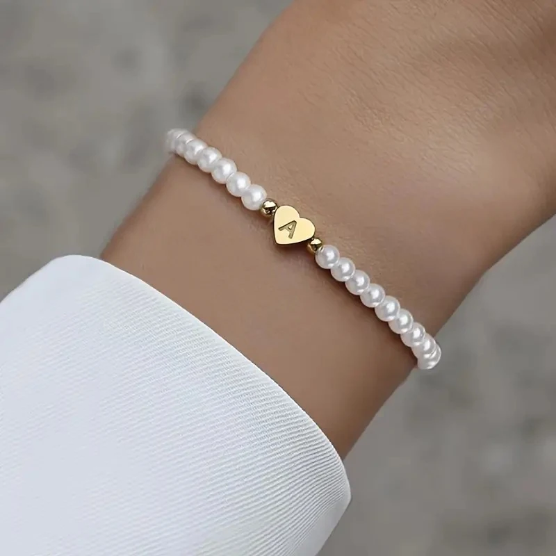 26 Letters Initial Bracelet For Women Faux Pearl Bracelet Fashion Women link Bracelet Wristband Jewelry gift Pearl Bracelet A-Z image 5