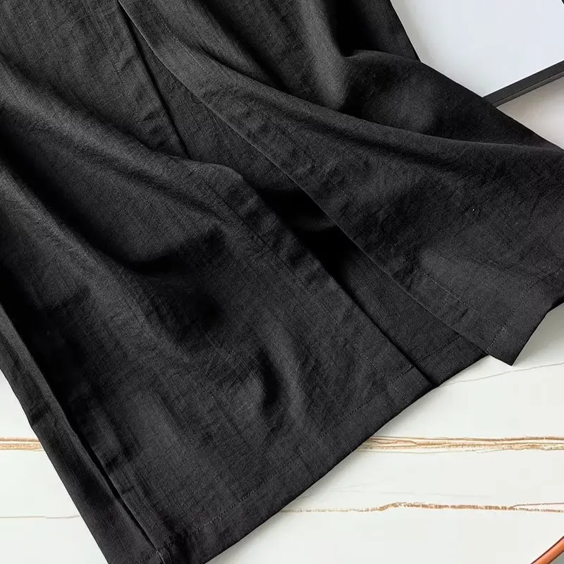 Maxdutti French Dress Women Style Black Color Casual Linen Midi Office Ladies Fashion Pleated Slim Dress