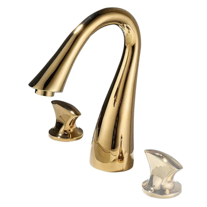 

Смеситель для раковины из цельной меди в стиле Light Luxury Gold, с функцией горячей и холодной воды, в скандинавском стиле, для ванной комнаты, с тремя отверстиями, раздельный кран