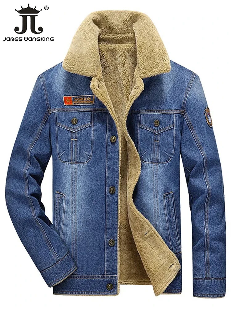 Winter Warm and Thickened Men's Casual Denim Jacket Boutique Fashion Cotton Male Blue Denim Coats