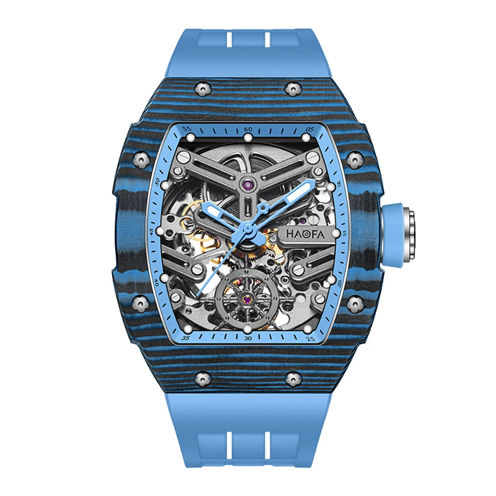 Haofa Carbon Fiber Automatic Mens Watch 3D Skeleton Dial Sapphire Luminous Self Wind Mechanical Watches Waterproof Luxury 1982