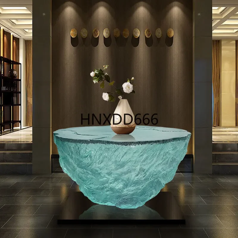 Transparent epoxy coffee table, water drop leaf chair, floor-to-ceiling round table