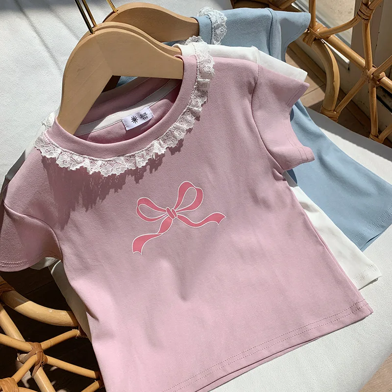 Girls' summer new bow short sleeved T-shirt with lace doll collar cute Korean version slim fit western-style top