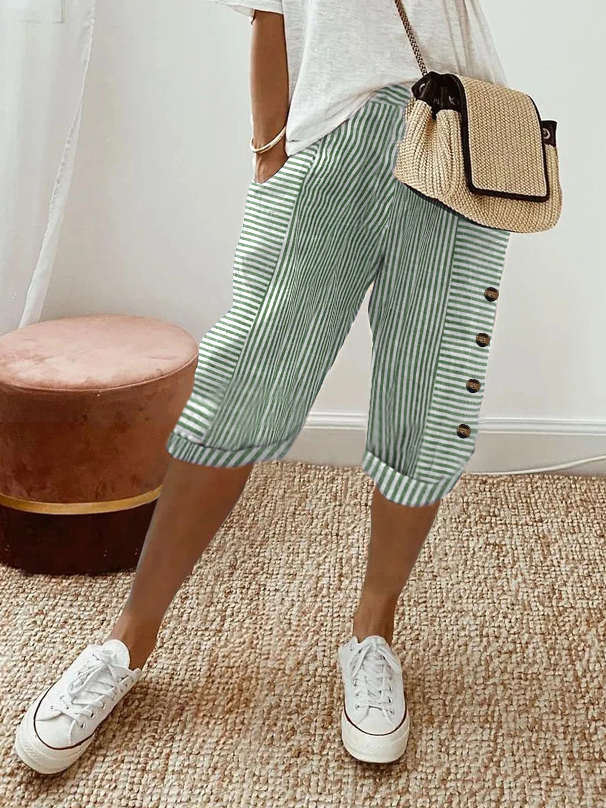 Summer Women's Striped Capri Pants High Waist Elastic Loose Casual Beachwear Knee Length Trousers