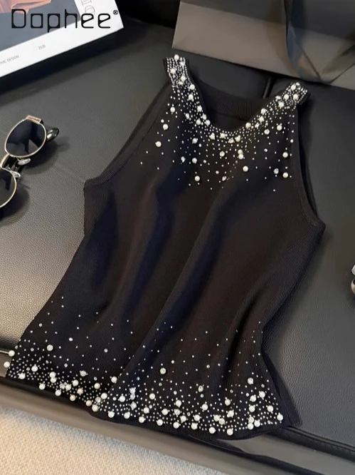 

Fashion Black Diamond-encrusted Pearl Knitted Vest 2025 Summer New Street Personality Slim Sexy Sleeveless Tops Tank Top Women
