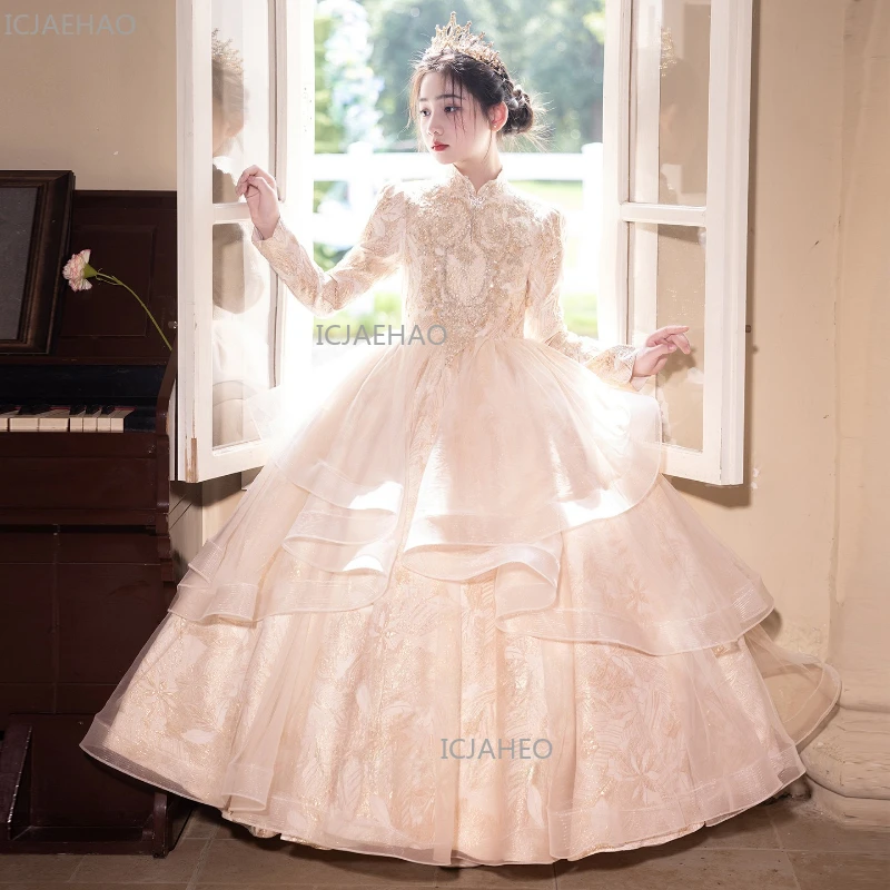 2026 Girls Host Princess White DressChildren Birthday Celebration Gown Formal Party Celebration Kids Piano PerformanceEvening