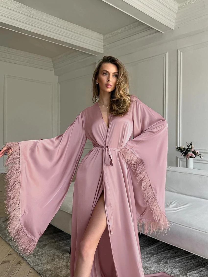 Marthaqiqi Fashion Women Robe Sexy V-Neck Sleepwear Long Sleeve Nightgowns Lace Up Nightwear Floor-Length Dress Ladies Bathrobe
