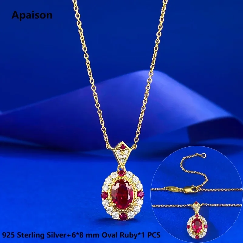 Apaison 925 Sterling Silver Necklaces Sparkling 6*8 mm Oval Ruby Pendants For Women Wedding Party Bridal Jewelry Gift
