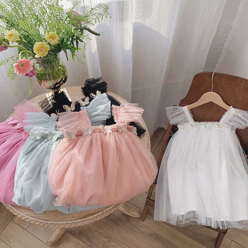 Girls Mesh Tulle Princess Slip Tutu Dresses Kids Sweet 3D Butterfly Mermaid Birthday Dress 1-6T Children Princess Dress