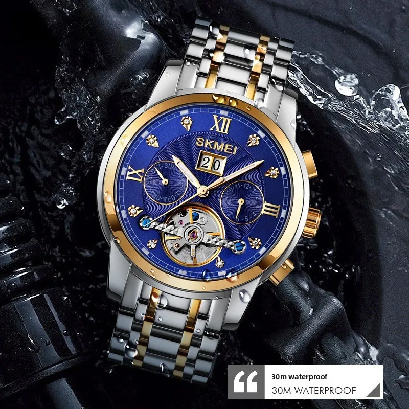 Luminous Automatic Skeleton alloy Watch for Men Solid Stainless Steel, Business Style Spiral crown Exquisite watch