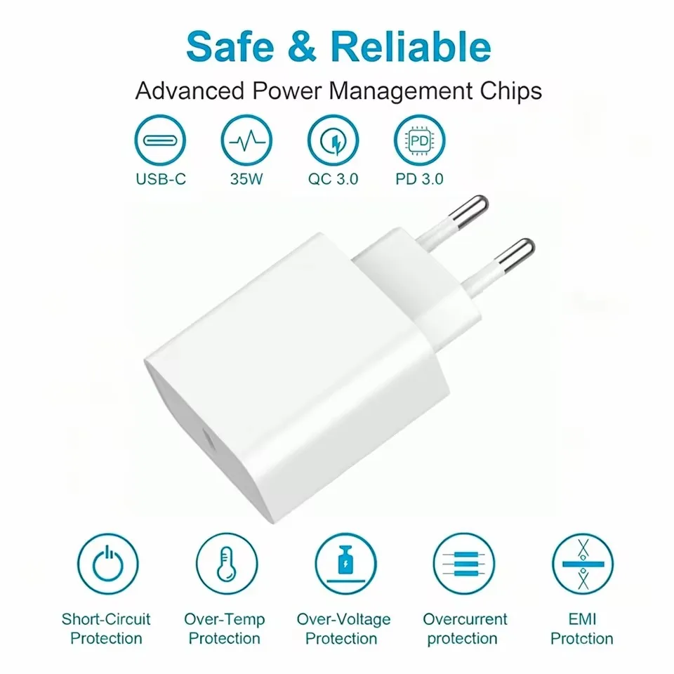 35W USB-C EU Plug PD Fast Charger For iPhone 15 16 Plus 17 Pro Max Samsung S26 Moto Dual Type C Quick Charging Braided Cable Kit