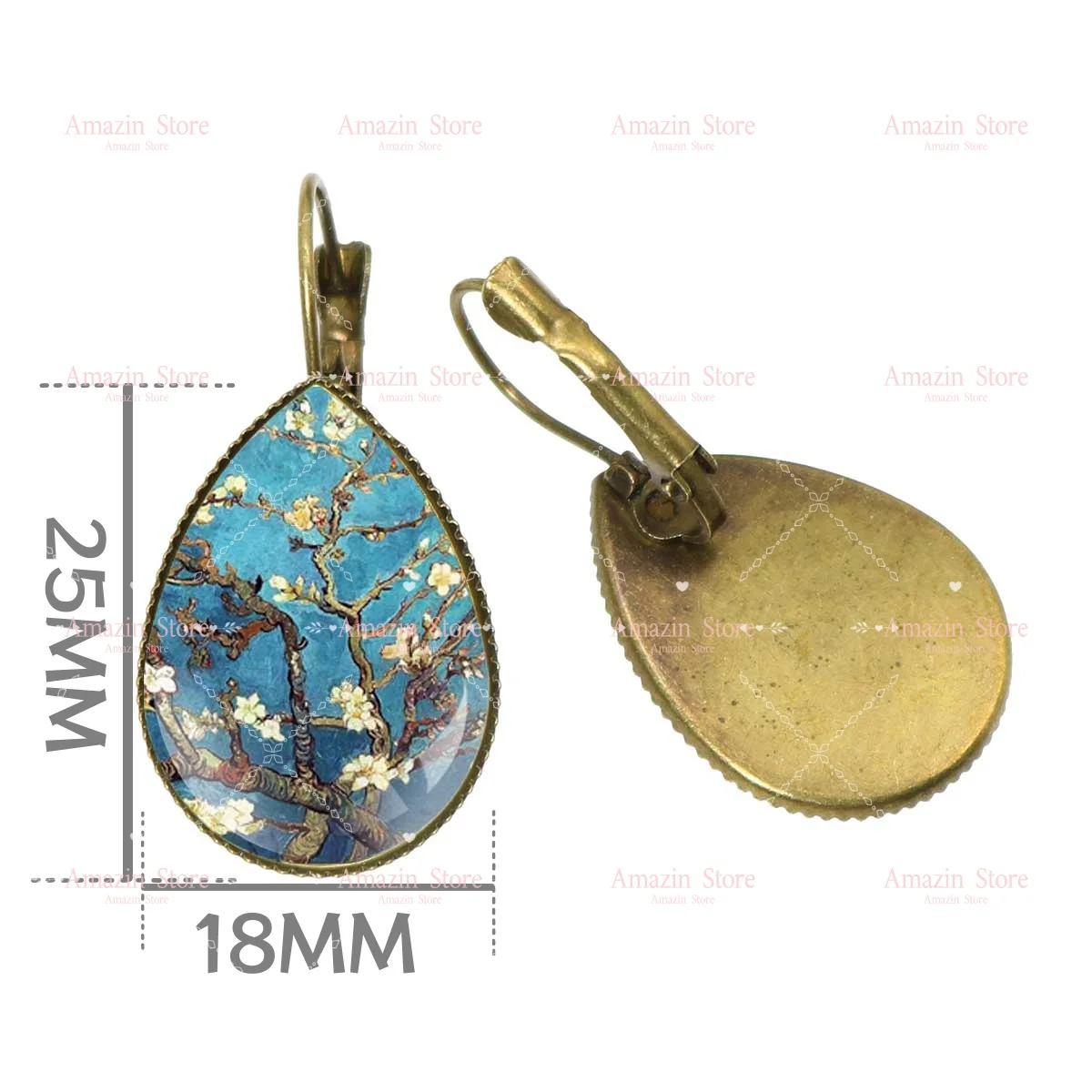 Van Gogh / Monet Qil Painting Starry Night Sunflower Water Lily Earrings 25MMx18MM Teardrop Shape Glass Cabochon Earrings Gift