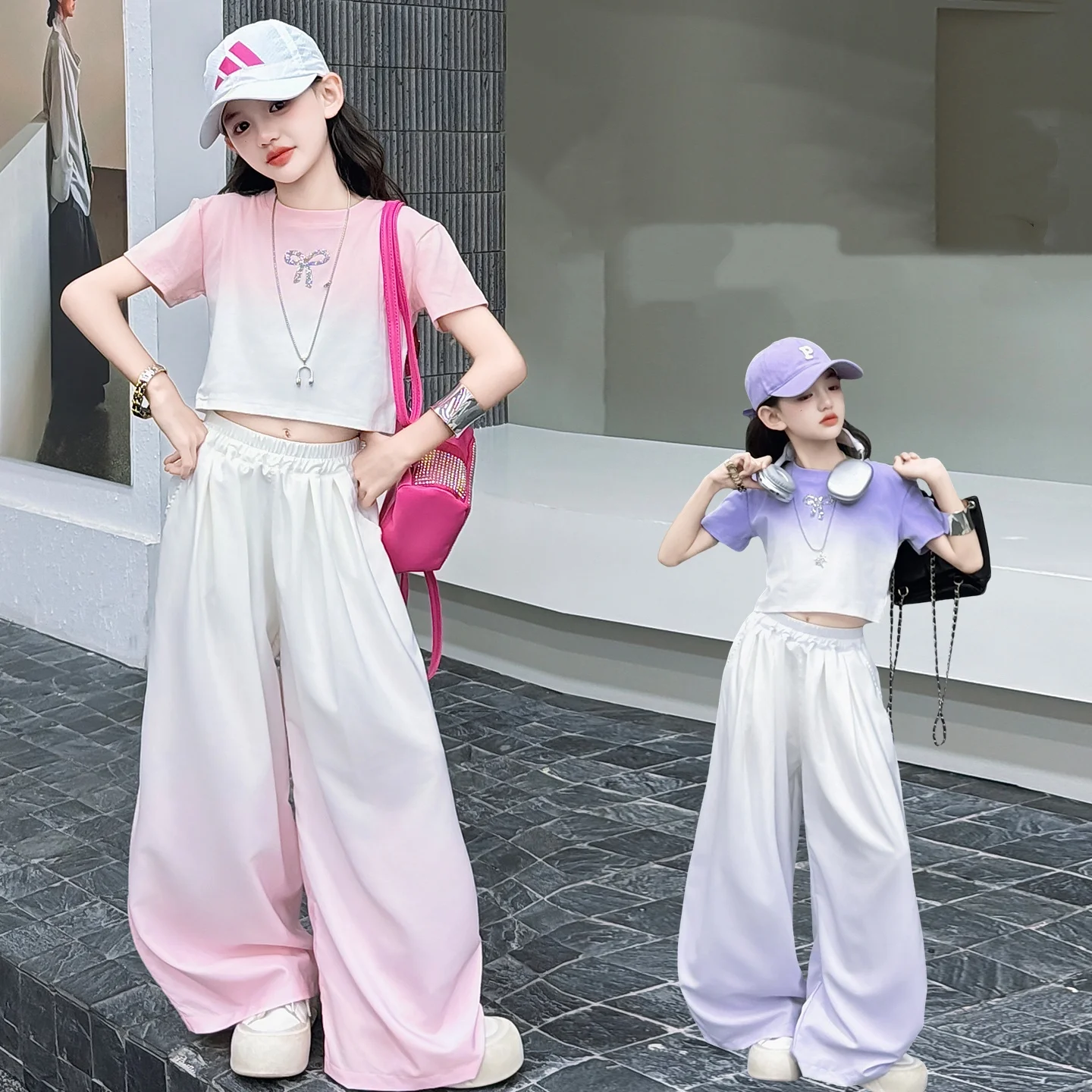 Girls Fashion Gradient Two Piece Set Bow Crop T-shirt + Loose Wide Leg Pants Kids Street Outfits Y2K Casual Hip Hop Dance Costum