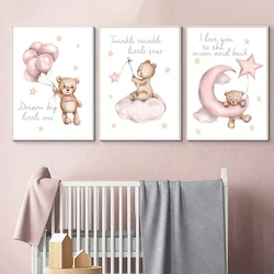 Pink Cartoon Teddy Bear Girls Room Decoration Poster Stars Moon Balloons Kids Bedroom Canvas Painting Print Picture Nursery Dec