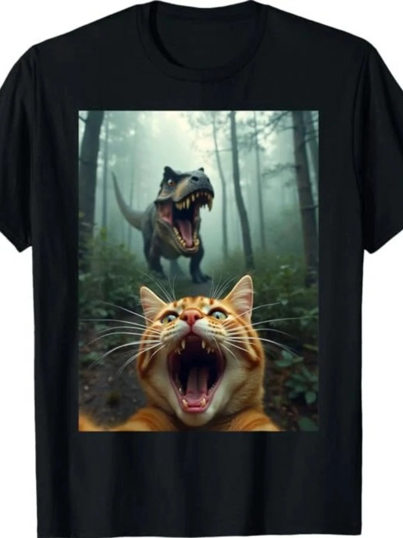 Women's Plus-Size T-Shirt, Black With Graphic, A Fierce Tyrannosaurus Rex Roaring in a Misty Forest Accompanied by a Parody of an Orange Tabby Cat, Humorous Surreal Design, Suitable for Nature and Pet Lovers