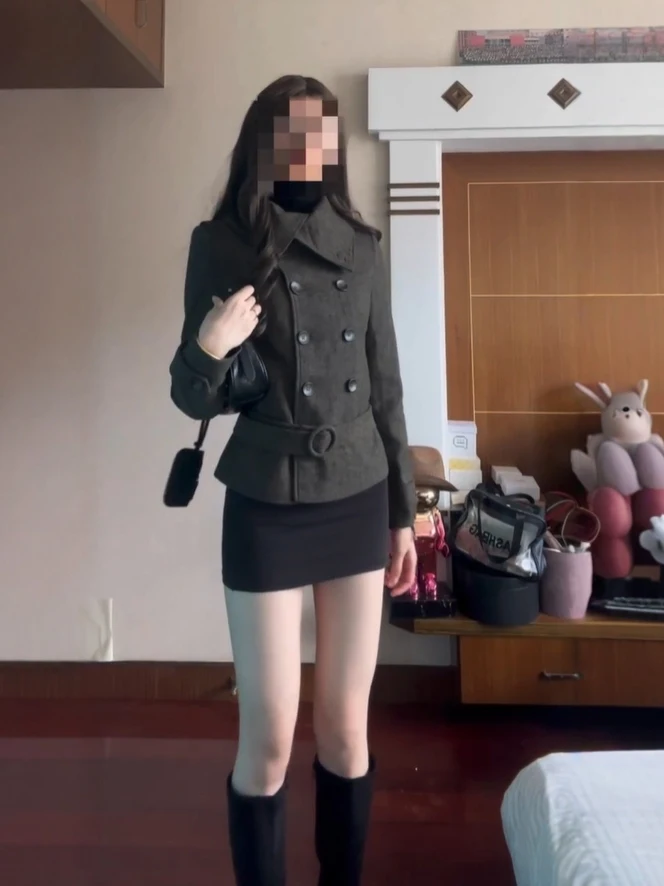 

Retro American Faion ort Double-breasted Slim-fit Woolen Coat Sli Commute Winter Outerwear Pure Color Stand Collar