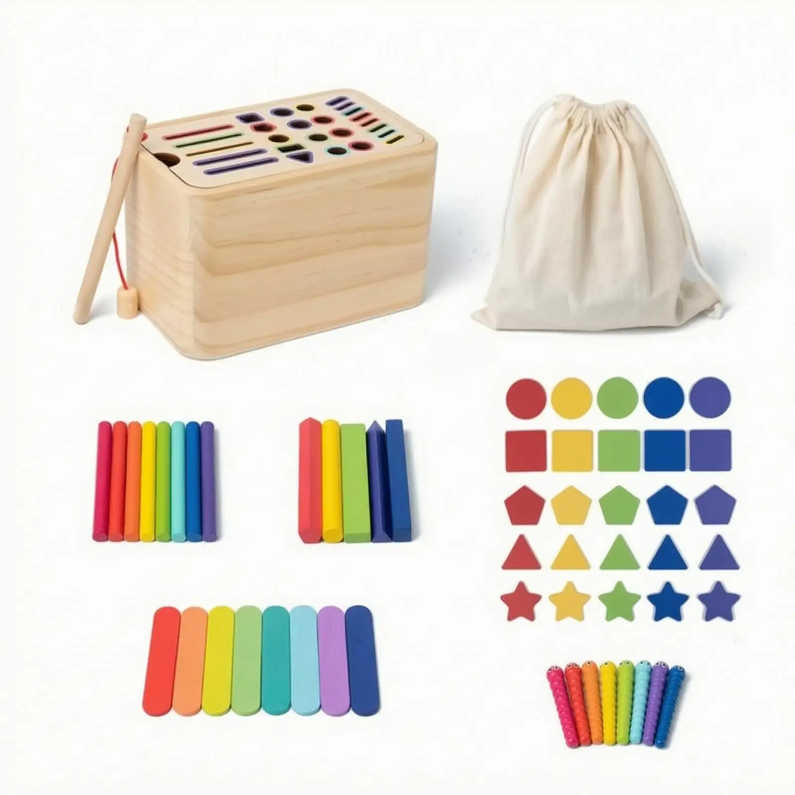 Sorting and Matching Box with Fishing Rod Multifunctional Wooden Sorting Toy Box Educational Shape Matching Toy for Young