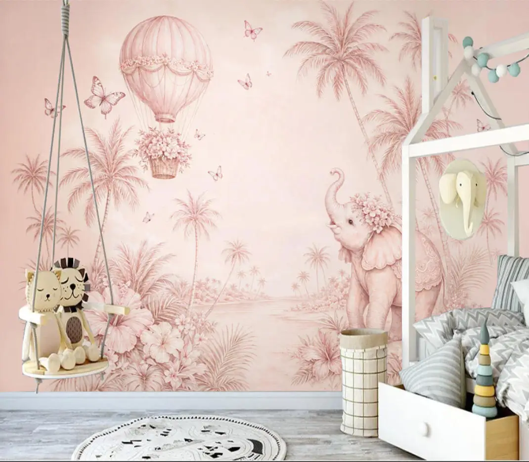 Custom Sized Mural Watercolor Jungle Scene, giraffe, Zebra, Leopard, Monkey palm tree Wallpaper for Children's Room 3D Wallpaper