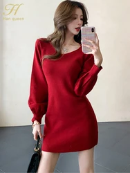 H Han Queen Autumn Winter Stretch Knit Lantern Sleeves Office Short Dress Women Sheath V-Neck Casual Dresses Work Party Vestidos