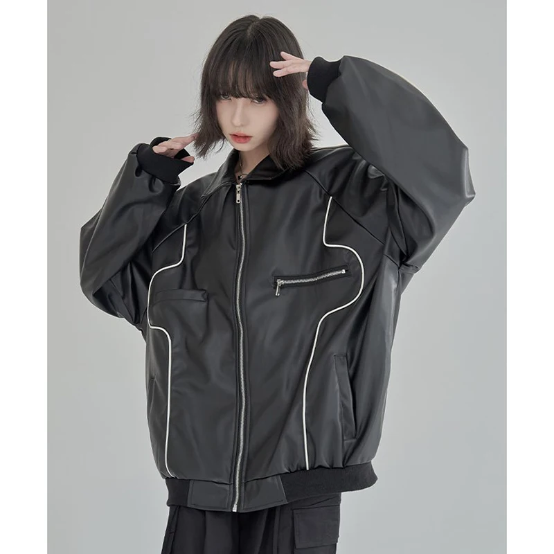 Jmprs-Veste de Motard Harajuku en PU Noir pour Femme, Manteau Rétro Américain en Fausse Fourrure avec Fermeture Éclair, Streetwear Décontracté à Manches sulf