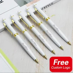 5Pcs White Color Metal Ballpoint Pen Rotating Design with Gold Clip Customize LOGO Promotion Writing Ball Pen Personalized Pens