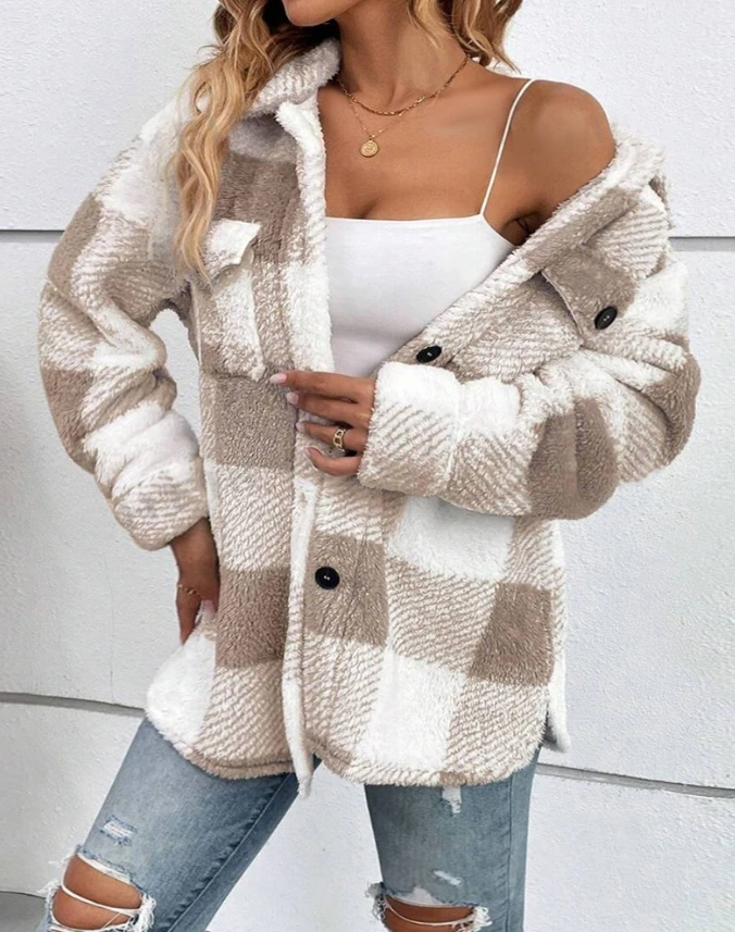 Elegant Winter Women's Coat Casual and Fashion Button Pocket Plaid Pattern Turn Down Collar Button Front Teddy Thick Warm Coat