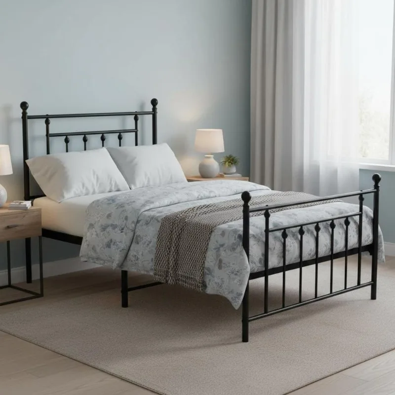 Cadre de lit métallique en acier thermolaqué 90 x 190 cm avec sommier à lattes et espace de rangement sous le lit pour chambre principale, studio et espace de vie, design minimaliste et élégant