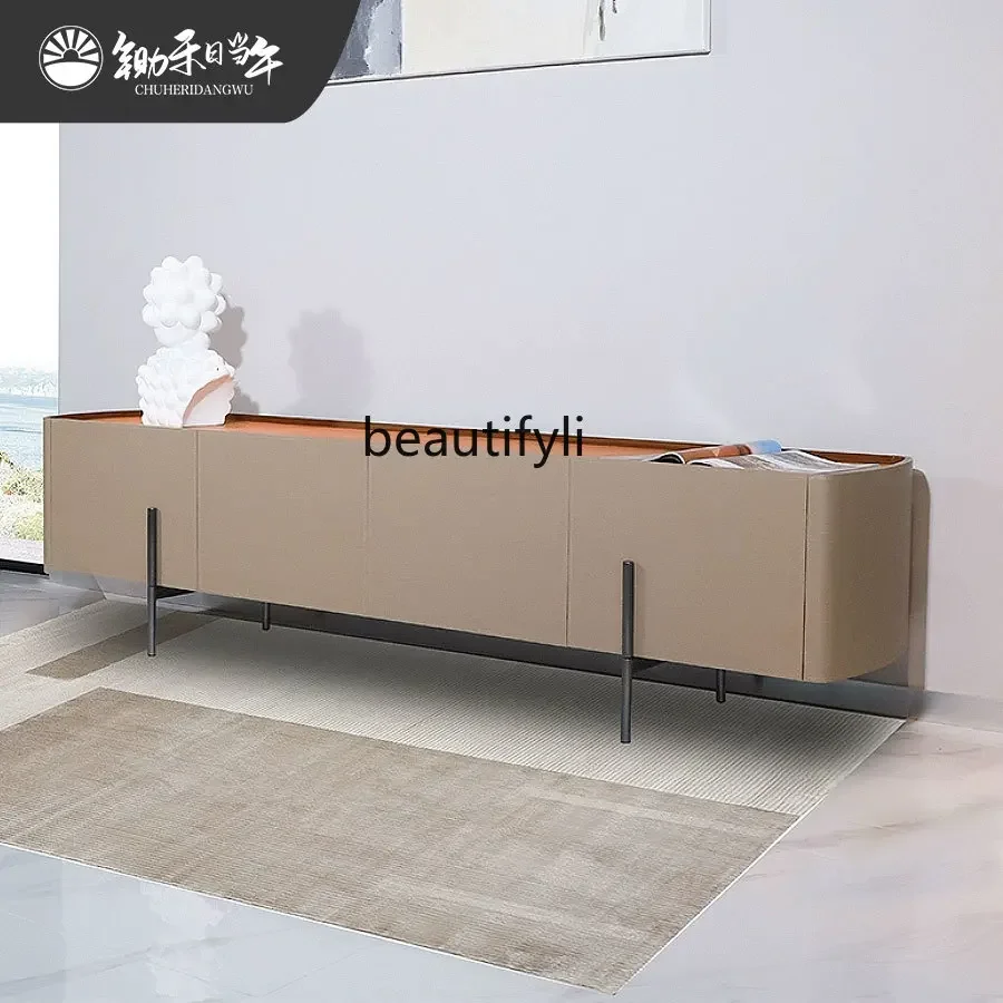 cqySolid wood TV cabinet Modern simple saddle leather custom floor cabinet Living room locker Low cabinet